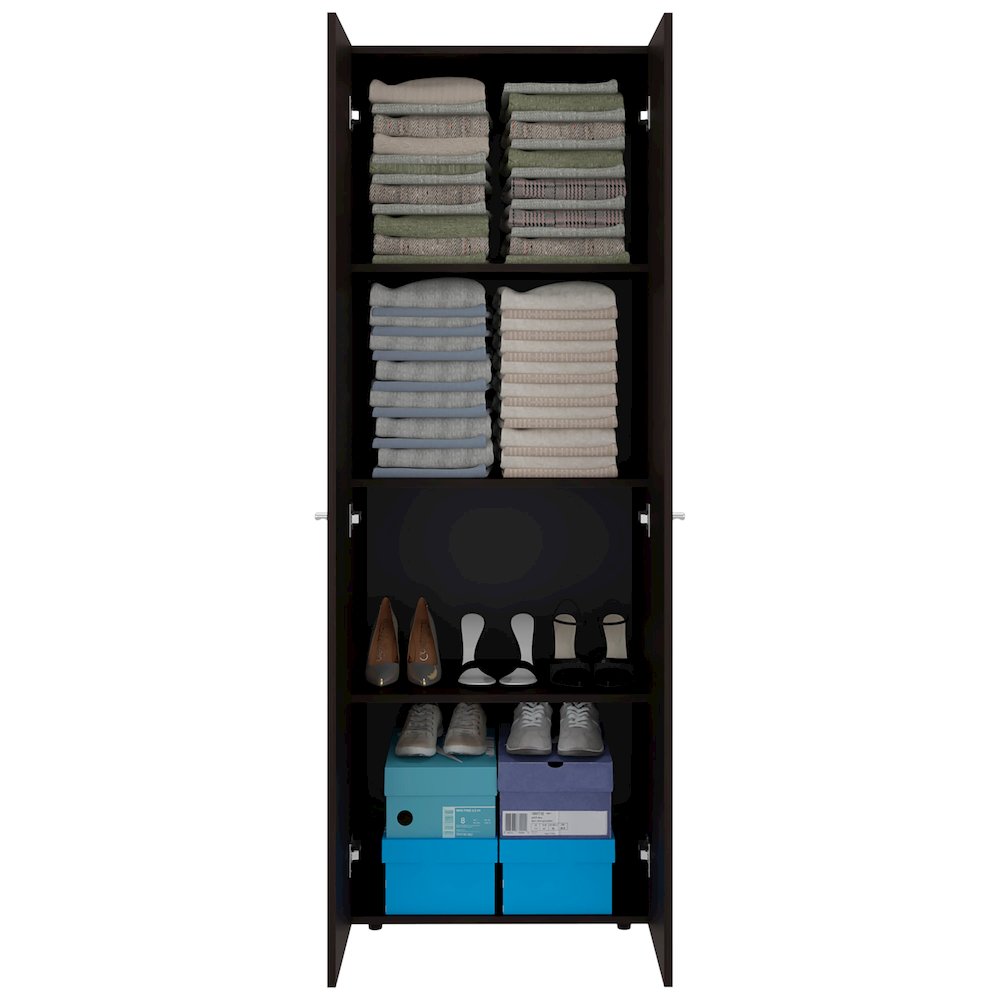 2 Door Closet System, Four Fixed Shelves, Compact Wardrobe, Stained Walnut. Picture 2