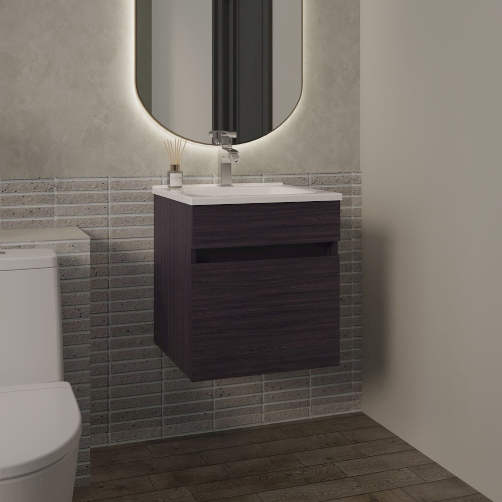 18" Wide Floating Bathroom Vanity, With One Cabinet And Two Shelves, Black. Picture 4