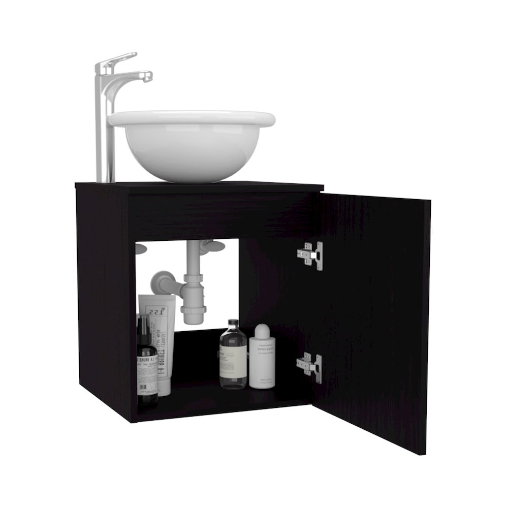Floating,  Wide One-Door Cabinet Vanity, With Wessel Sink And One Shelf, Black. Picture 1