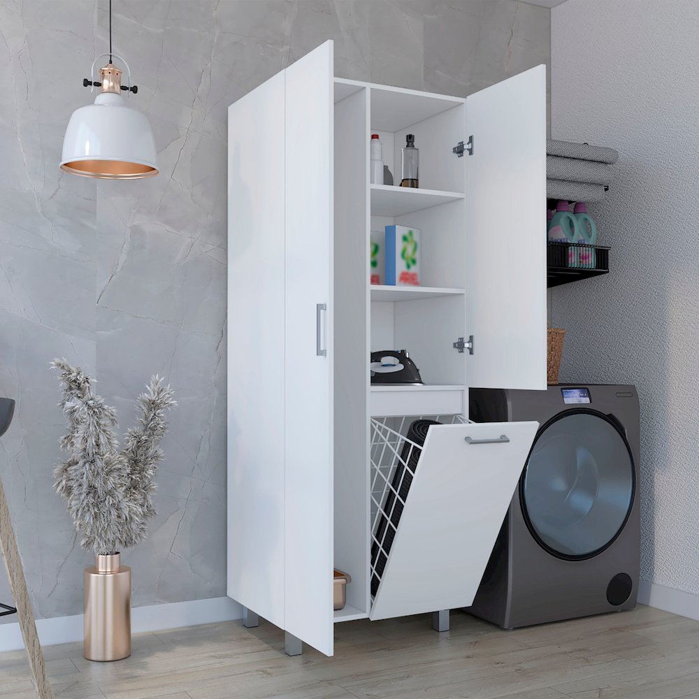 71" High Two-Door Broom Closet With Hamper , Four Shelves, Hangers, White. Picture 5