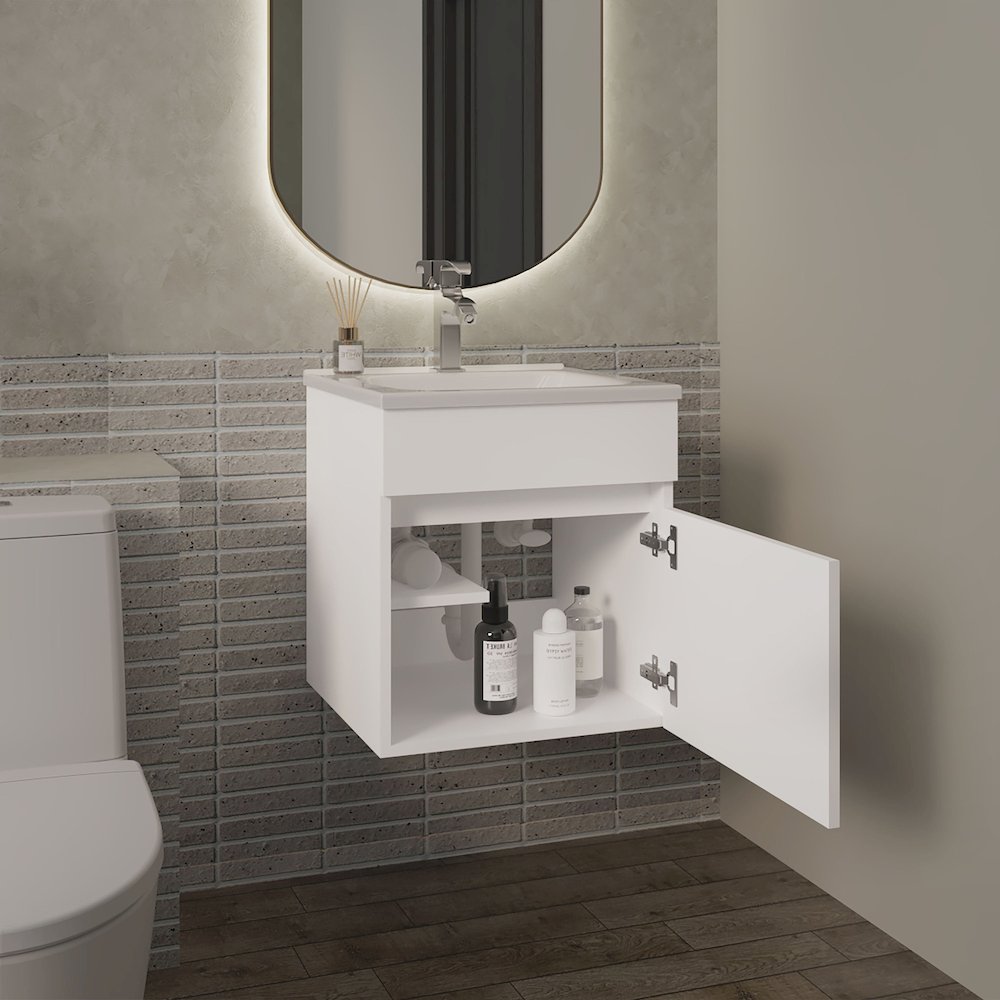 18" Wide Floating Bathroom Vanity, With One Cabinet And Two Shelves, White. Picture 5