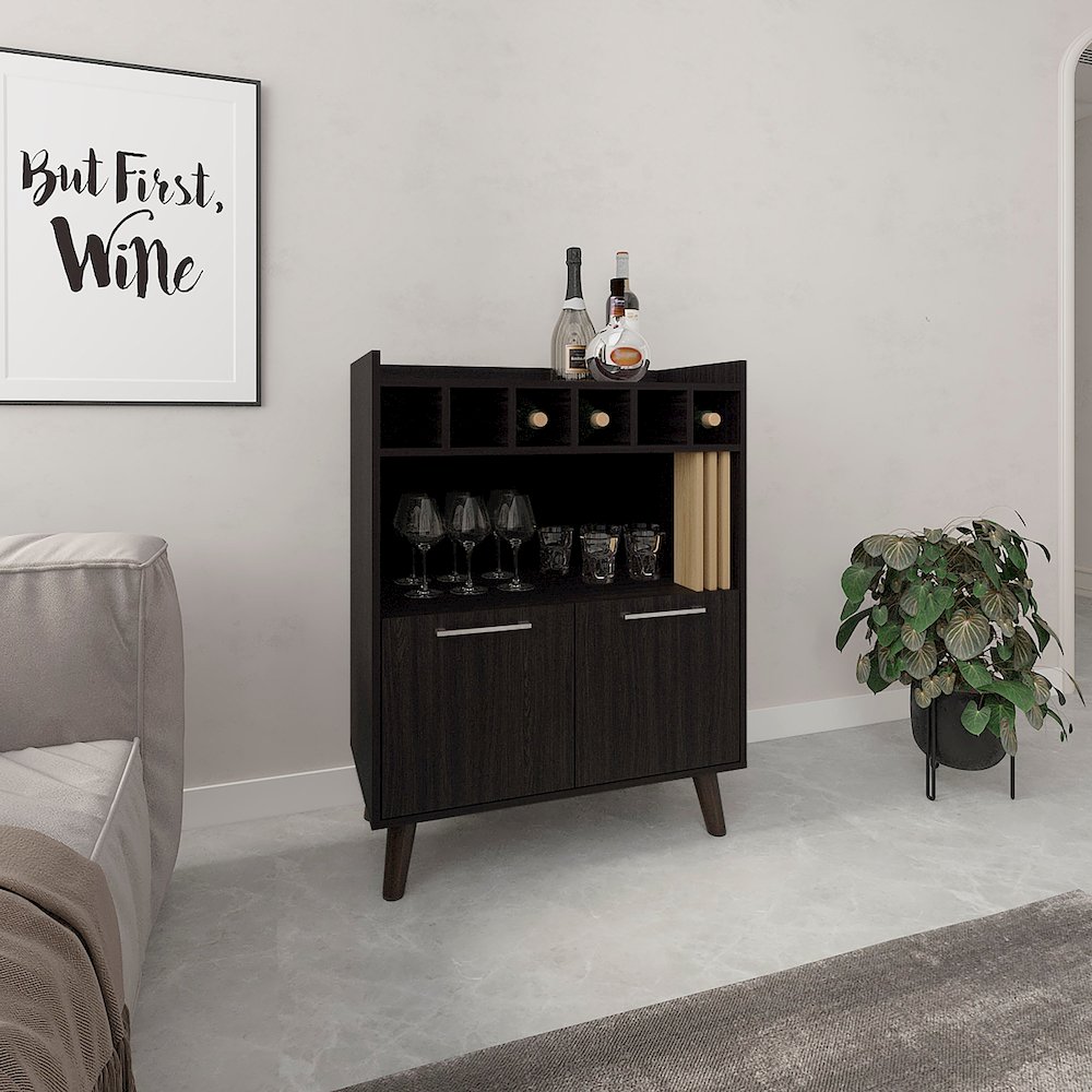 Vance 40" High Bar Cabinet Natural Oak - Black MDF. Picture 4
