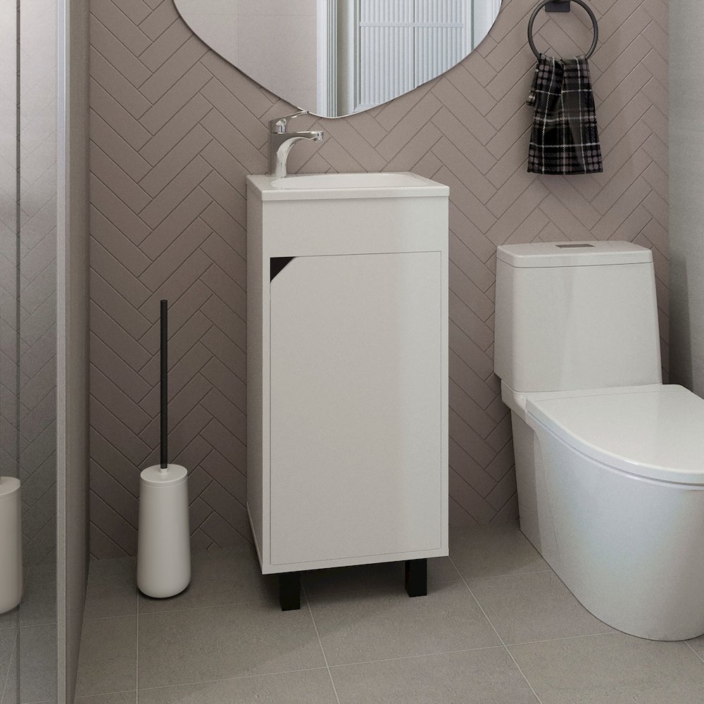 Wide One-Door Cabinet, Free Standing Vanity With Resin Sink, Two Shelves, White. Picture 4