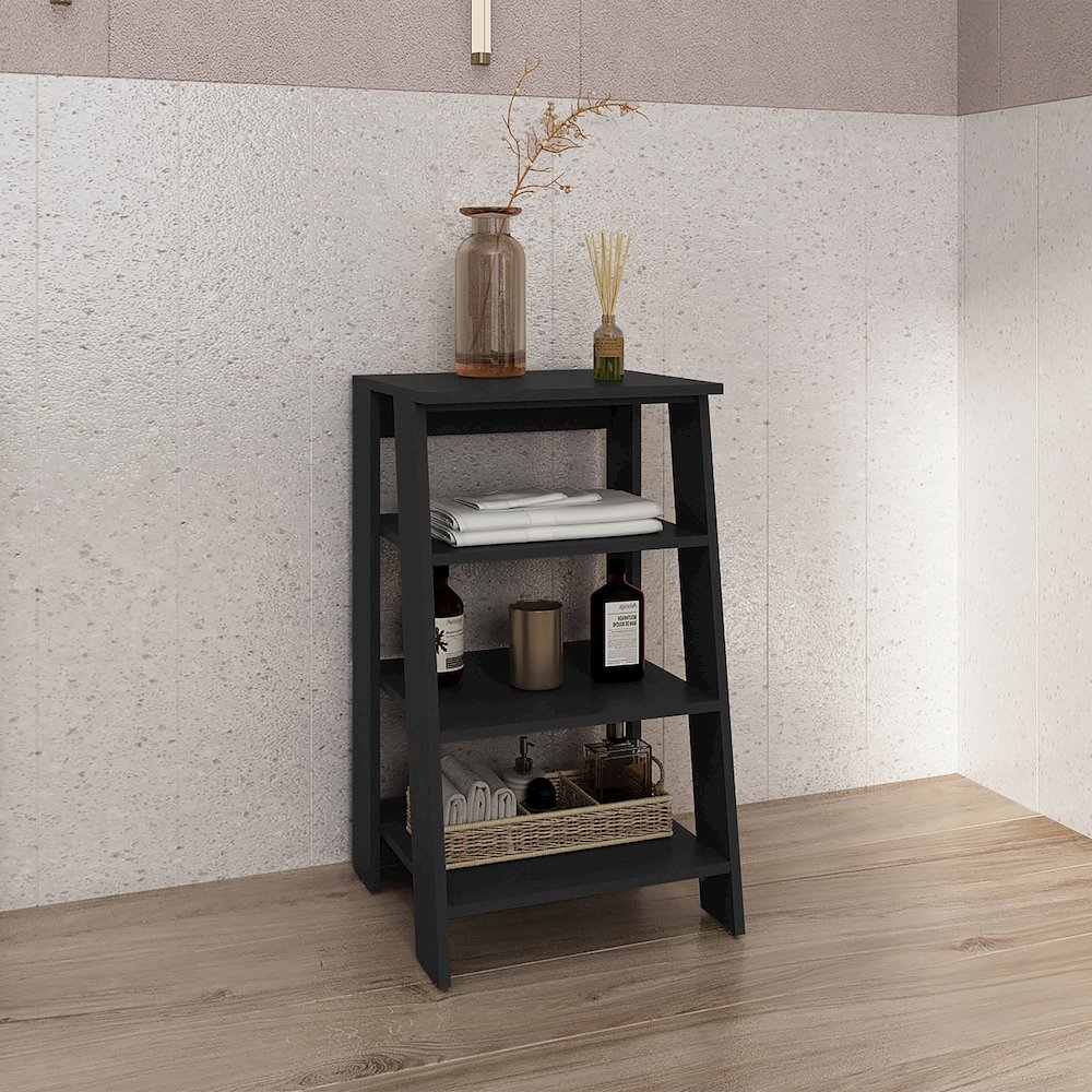 BATHBI 4-Tier Ladder Shelf Black Wengue MDF. Picture 4