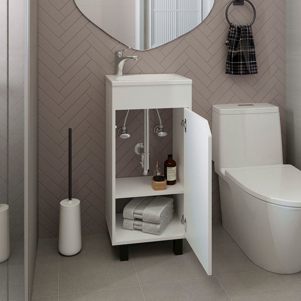 Wide One-Door Cabinet, Free Standing Vanity With Resin Sink, Two Shelves, White. Picture 5