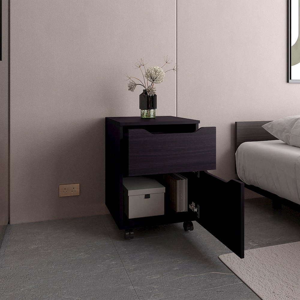 Open Shelves Nightstand With One Door, Bedside Table For Bedroom Storage, Black. Picture 5
