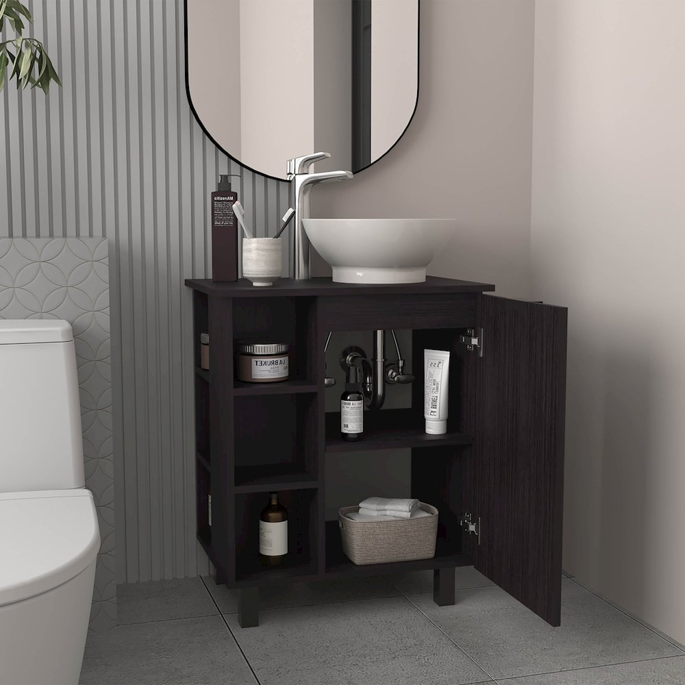 Vessel Sink Vanity With One Door Storage, Freestanding Bathroom Cabinet, Black. Picture 5