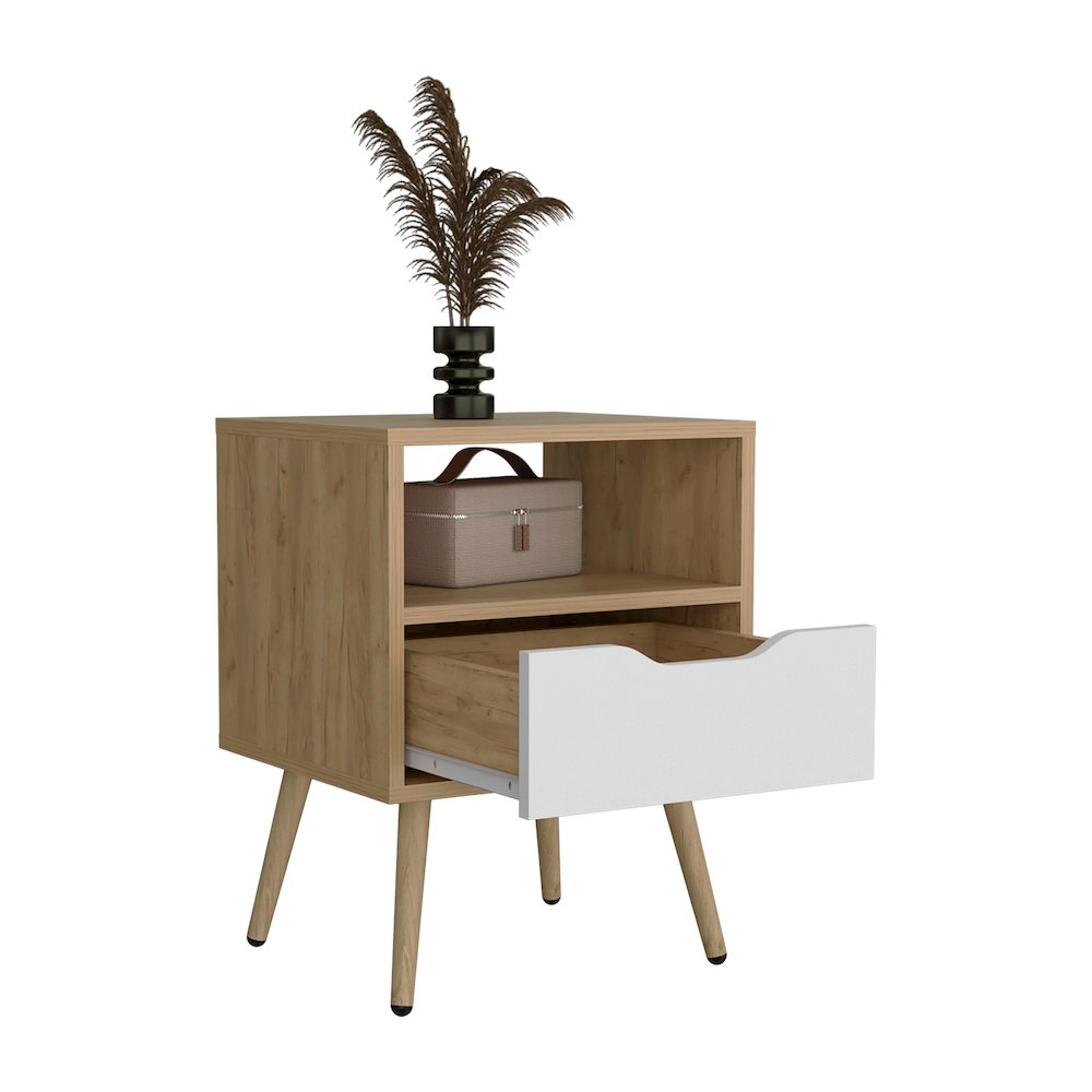 Wenden 21" High Nightstand, One Drawer, One Open Shelf, Natural Oak, White. Picture 2