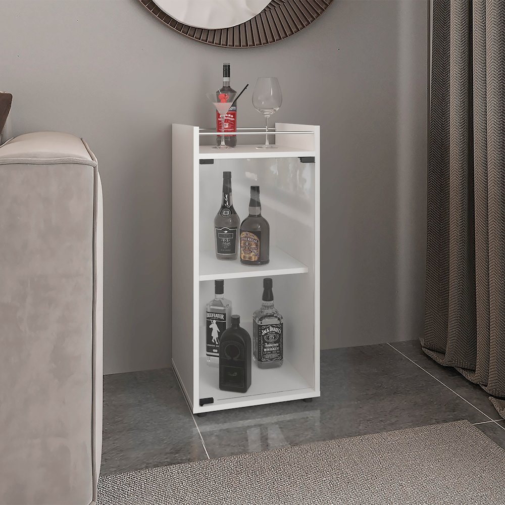 Minibar Cabinet Two Doors, Open Shelf And Compact Design, Bar Storage, White. Picture 4