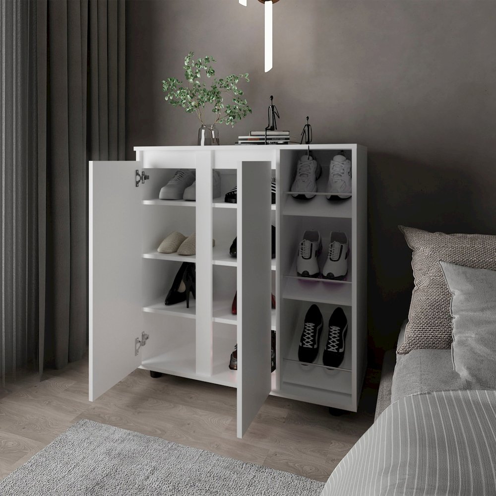 Shoe Rack with 3 Side Tiers, Compact Storage for Shoes, Boots, White. Picture 5