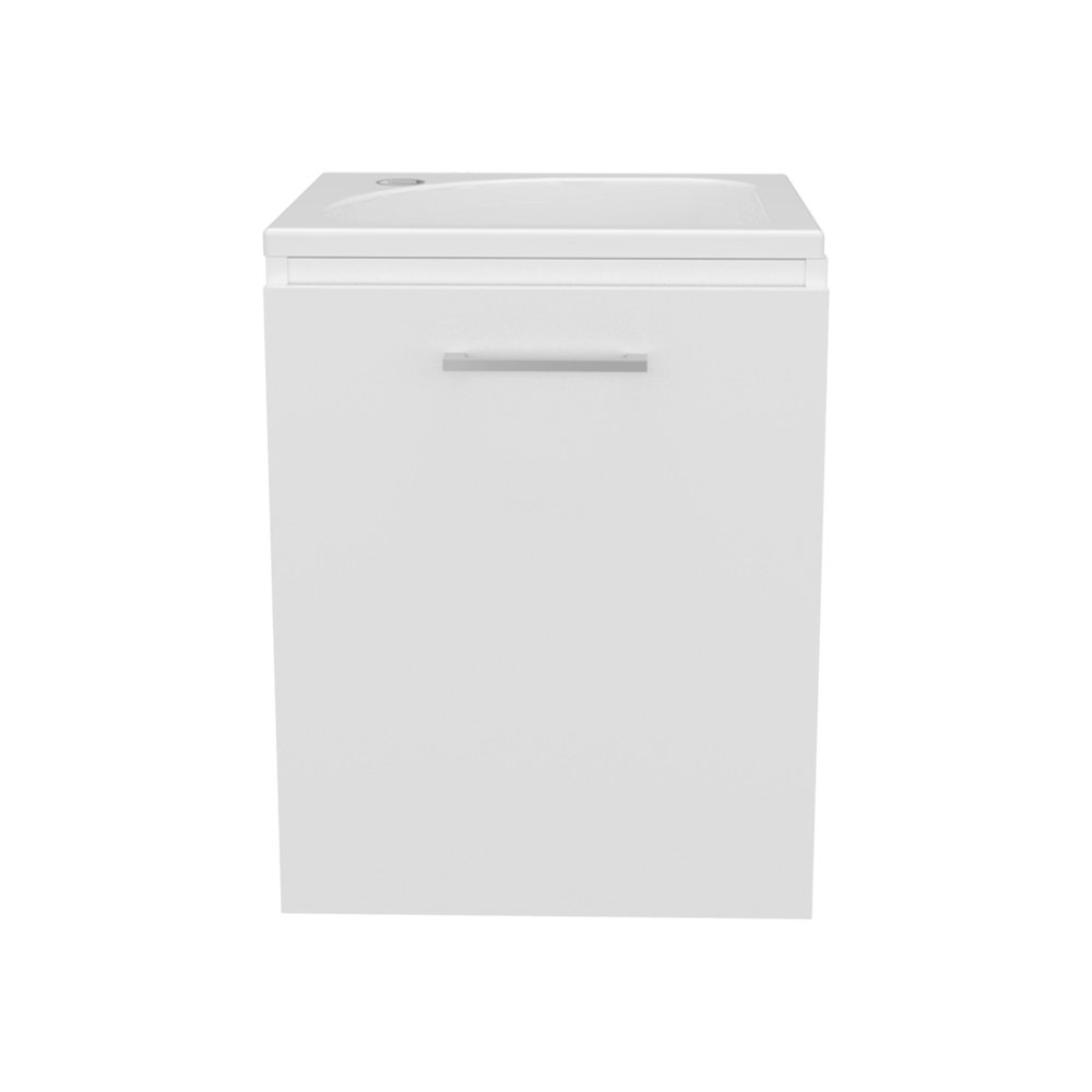 Floating, Wide One-Door Cabinet Vanity, With Resin Sink And One Shelf, White. Picture 2