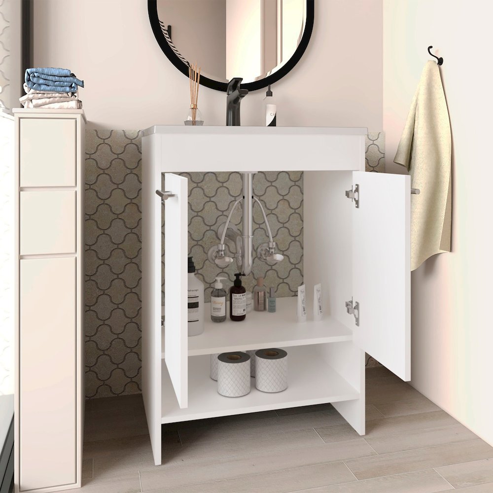 Lorenzo Floor Vanity With Four Drawers And Two Open Shelves, White. Picture 5