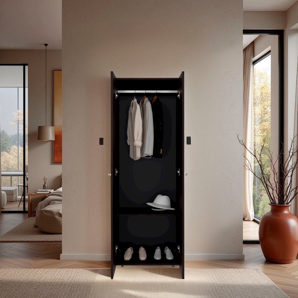 2 Doors Closet System Armoire, Hanging Rod and Storage Shelf, Stained Walnut. Picture 5