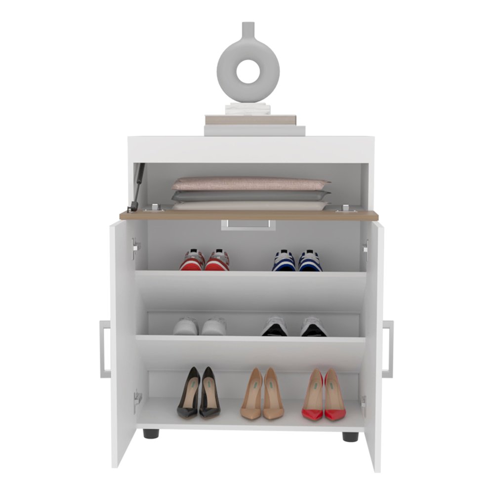 Shoe Rack With Double Doors, Interior Shelves, White/ Natural Oak. Picture 2