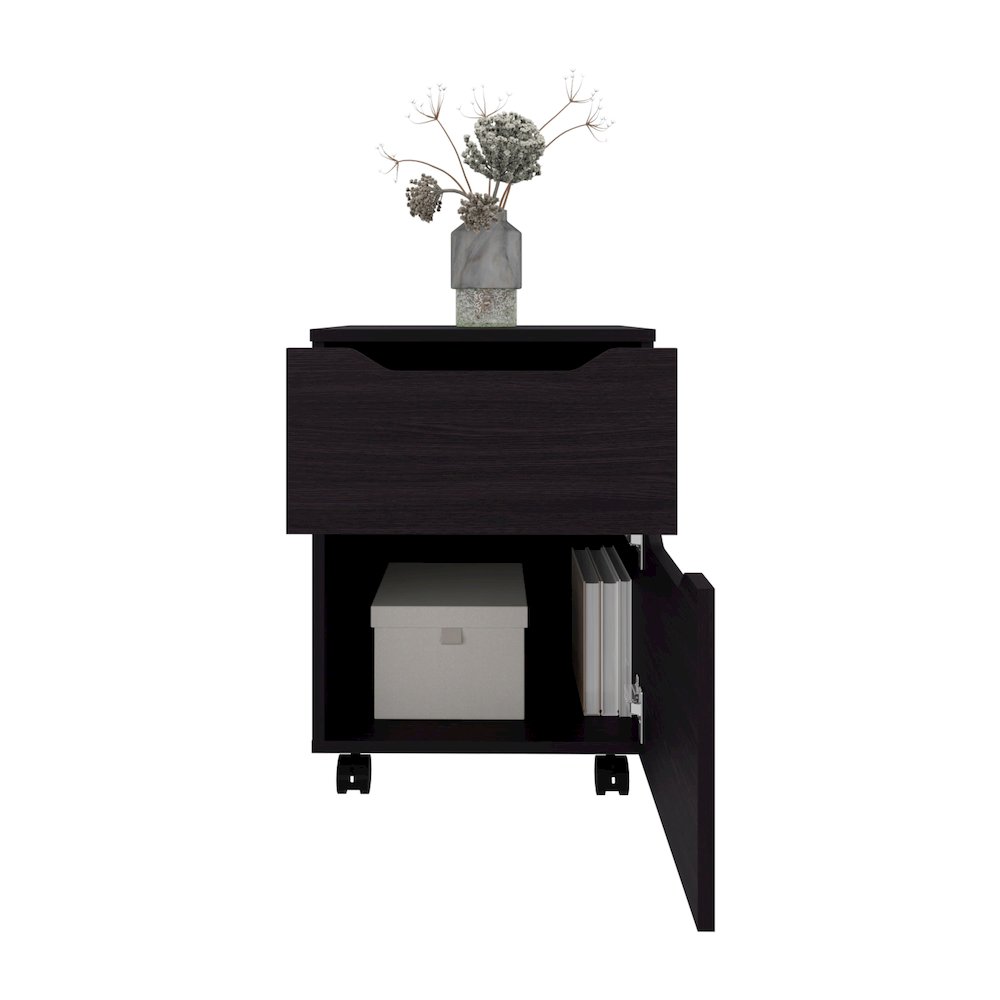 Open Shelves Nightstand With One Door, Bedside Table For Bedroom Storage, Black. Picture 2