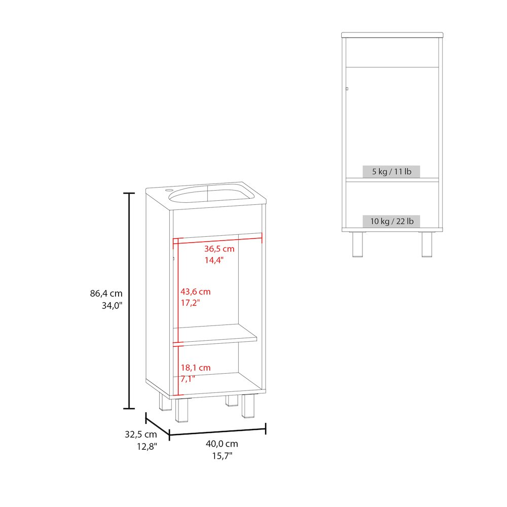 Wide One-Door Cabinet, Free Standing Vanity With Resin Sink, Two Shelves, White. Picture 3