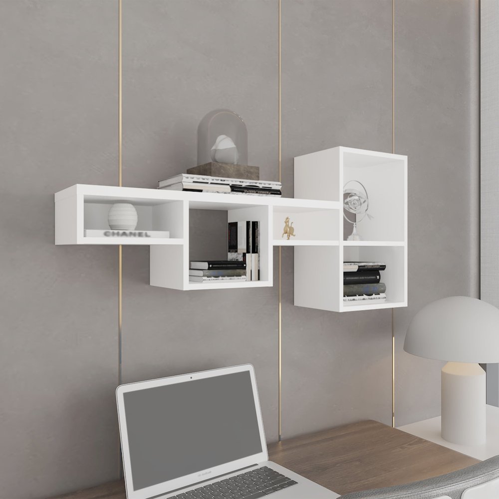 WALLSHE 47" Wide 7-Tier Wall Shelf White MDF. Picture 3