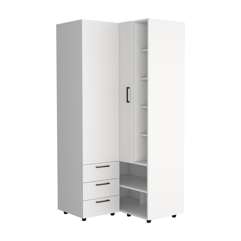 Corner Armoire With Double Doors, Interior Shelves, Space-Saving Wardrobe, White. Picture 2