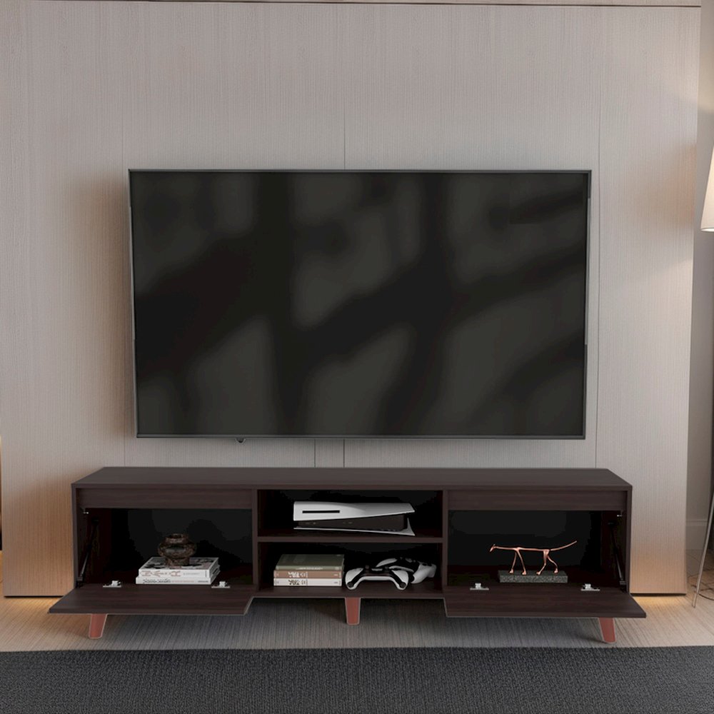 Polaris TV Stand with Open Shelves, Two Storage Shelves, Stained Walnut. Picture 5