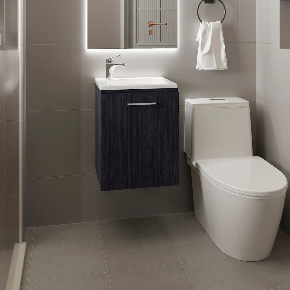 Floating, Wide One-Door Cabinet Vanity, With Resin Sink And One Shelf, Black. Picture 4