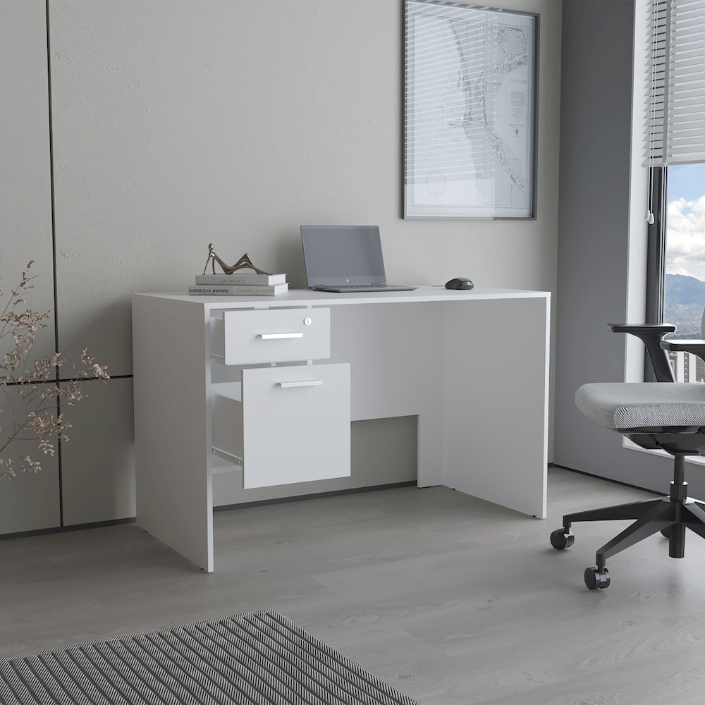 Office Desk with Two Drawers and Side Storage,Compact Computer Workstation,White. Picture 5