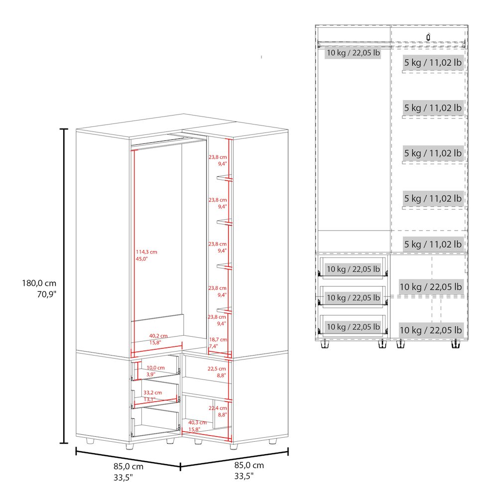 Corner Armoire With Double Doors, Interior Shelves, Space-Saving Wardrobe, Black. Picture 4