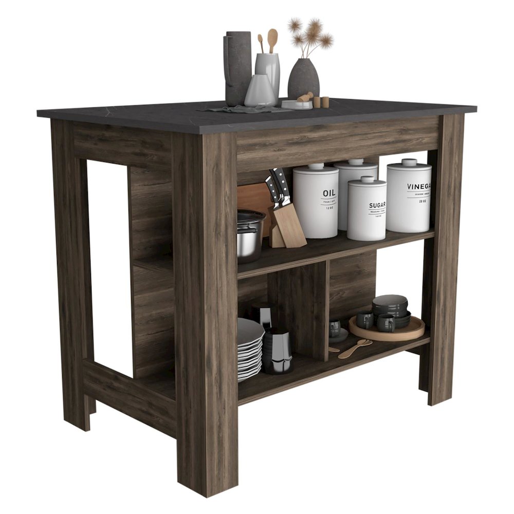 Cala Kitchen Island, Four Legs, Three Shelves Dark Brown / Onyx. Picture 3