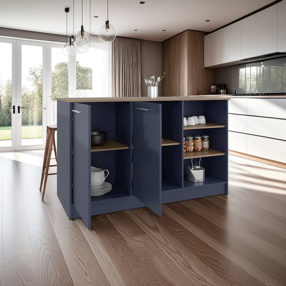 Kitchen Island, Three Open Shelves, Two Cabinets Doors, Natural Oak. Picture 5