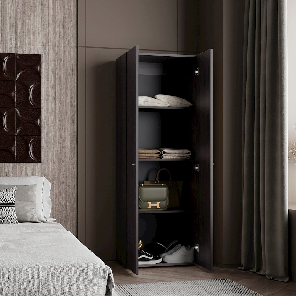 2 Door Closet System, Four Fixed Shelves, Compact Wardrobe, Black. Picture 5