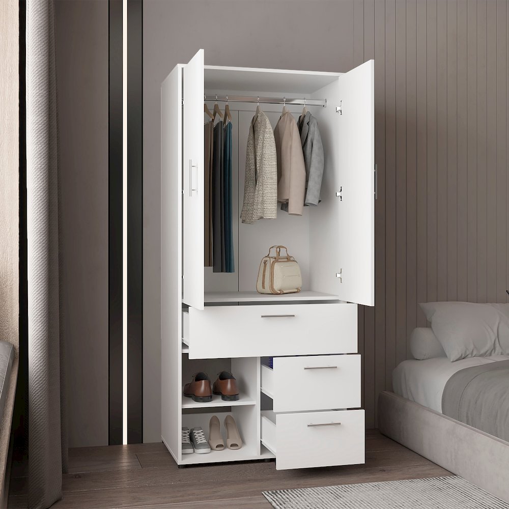 Armoire With Double Doors, Hanging Rod, Interior Shelves, White. Picture 2