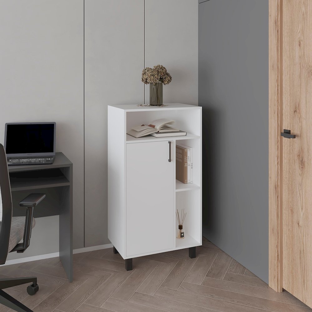 Base Cabinet, Compact Organizer, With One Door, Open Shelves, White. Picture 4