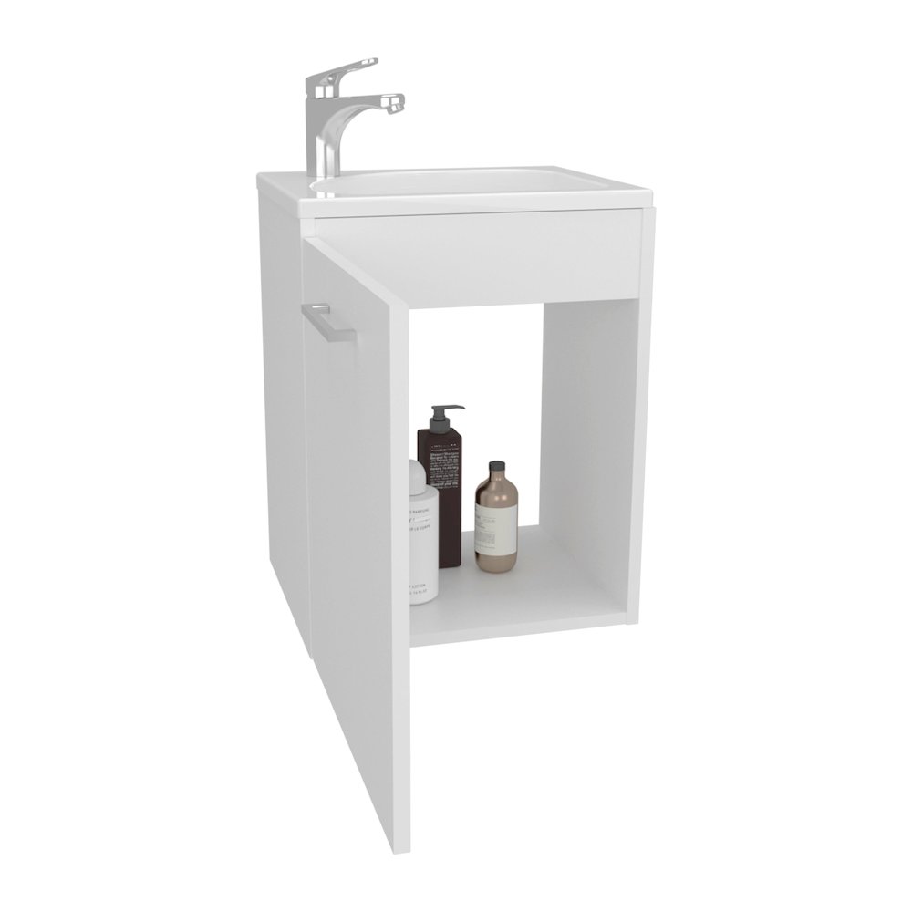 Floating, Wide One-Door Cabinet Vanity, With Resin Sink And One Shelf, White. Picture 1