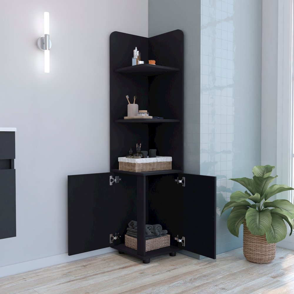 Malibu Corner Linen Cabinet Black MDF. Picture 2