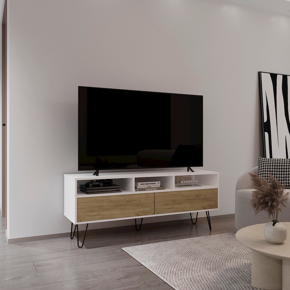 Tori 54" Wide TV Stand White - Natural Oak MDF. Picture 4