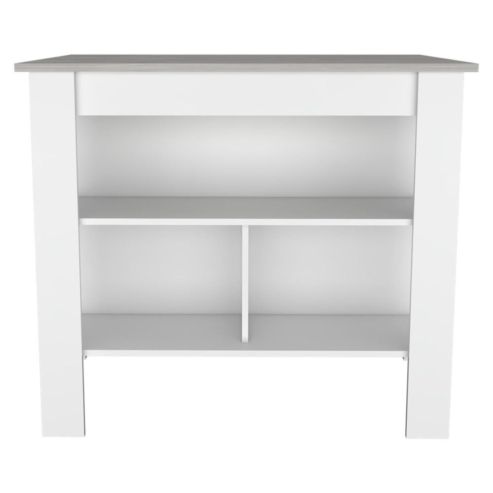 Cala Kitchen Island, Four Legs, Three Shelves White / Ibiza Marble. Picture 1