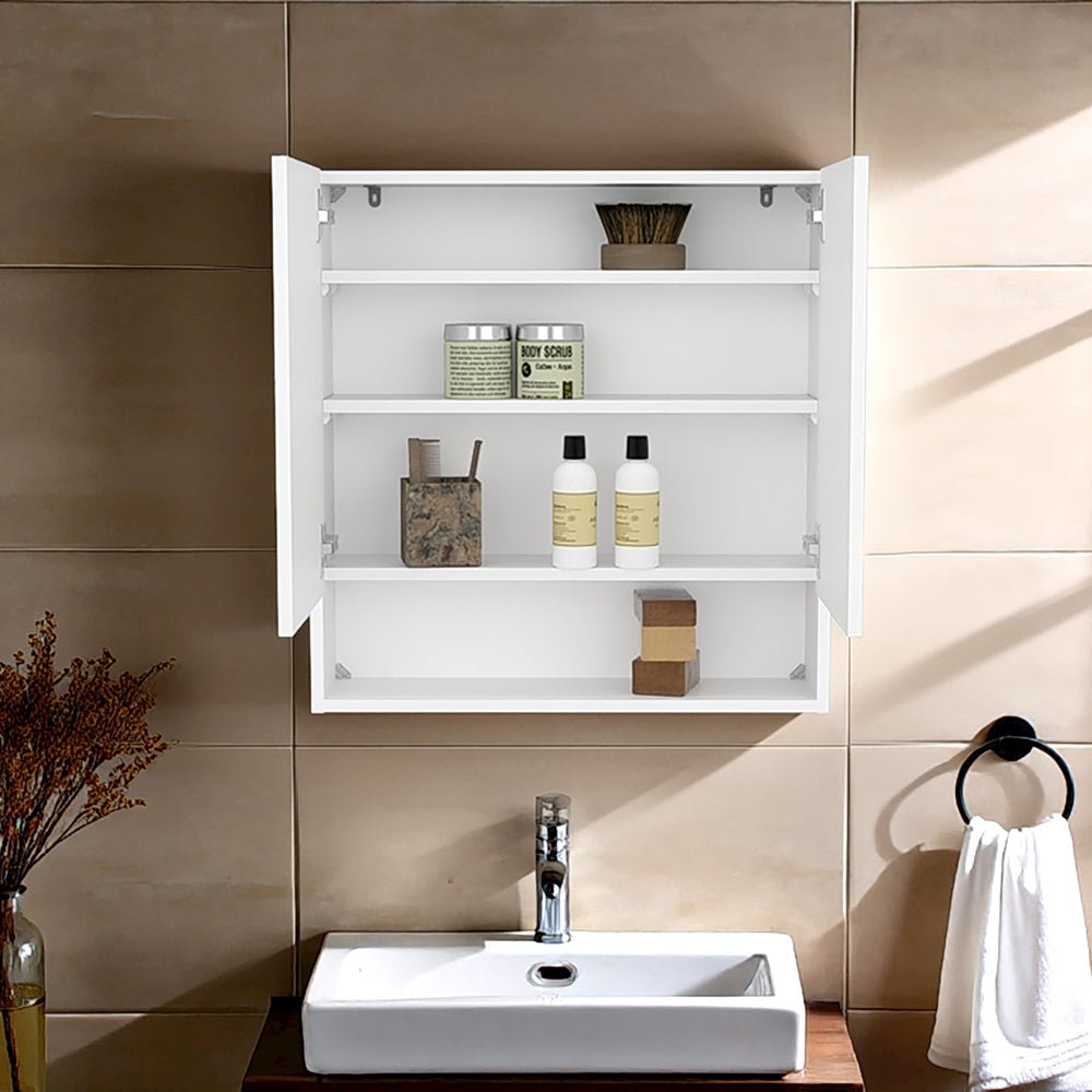 Double-Door Medicine Cabinet With Mirrored Doors And Interior Shelves, White. Picture 5