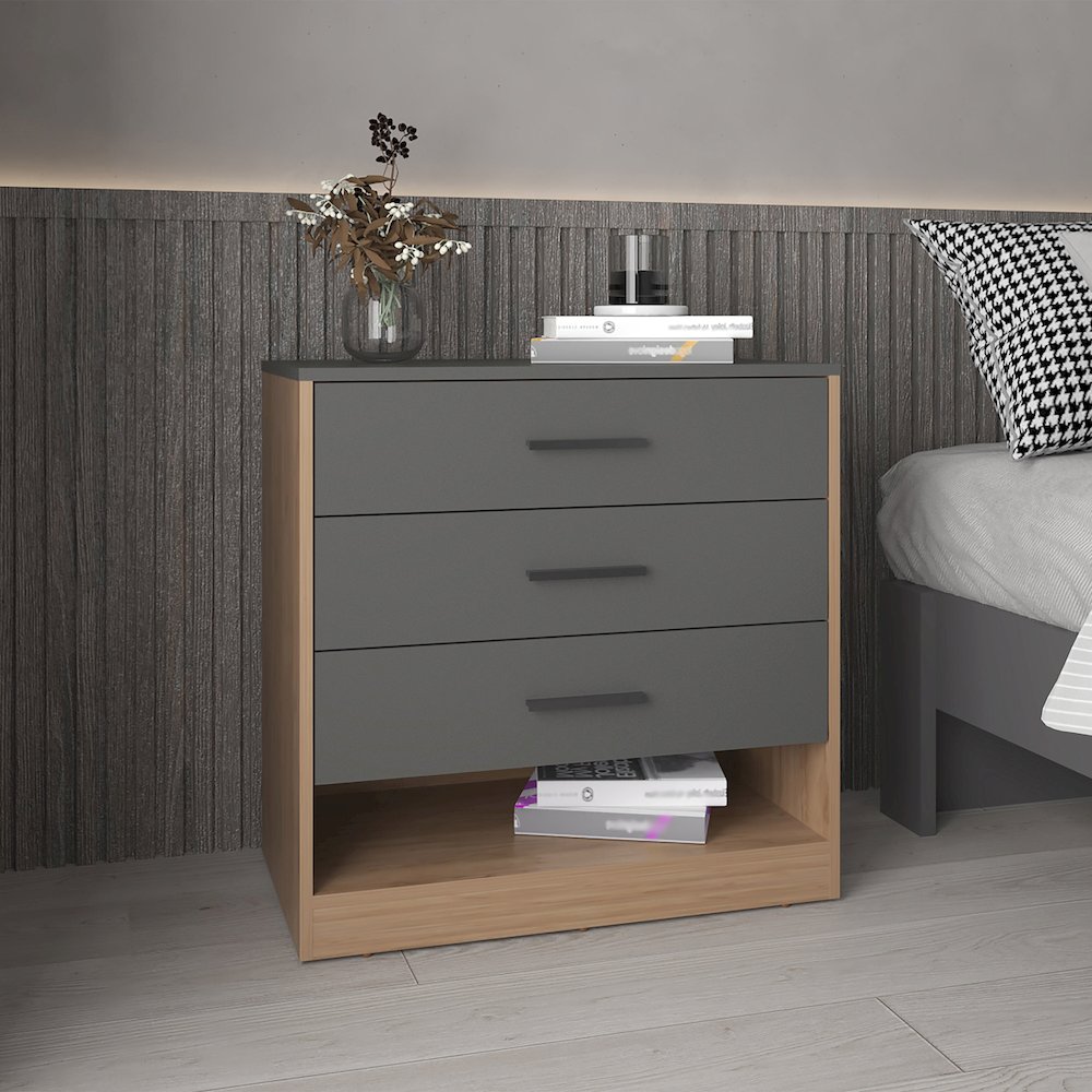 27" High Three Drawer Dresser And Open Shelf, Matte Gray - Natural Oak. Picture 4