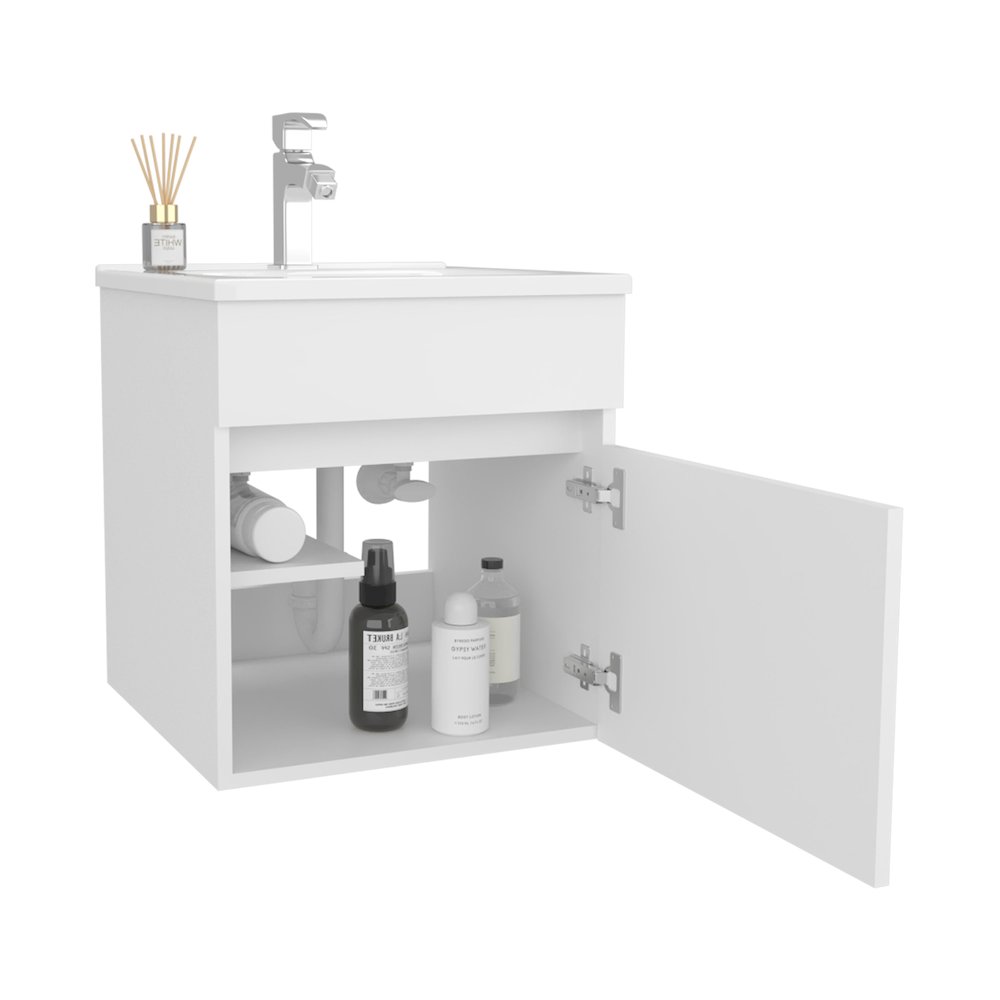 18" Wide Floating Bathroom Vanity, With One Cabinet And Two Shelves, White. Picture 1