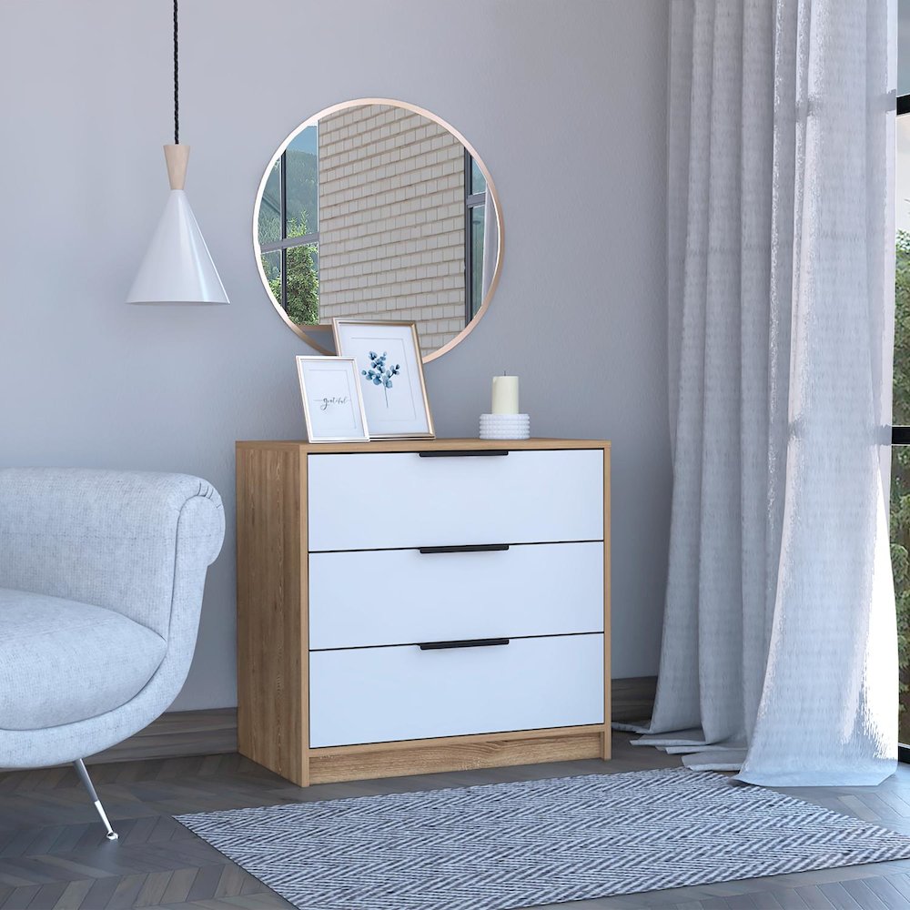 Kaia Three Drawer Dresser White / Pine MDF. Picture 3