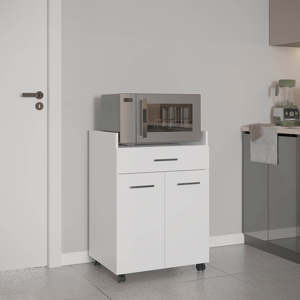Kitchen Cart With Casters, Open Shelves, Drawer And Cabinet Storage, White. Picture 4