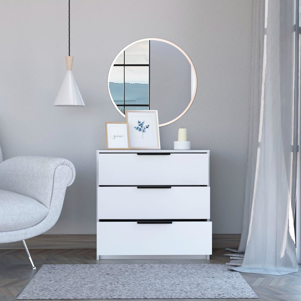 Kaia Three Drawer Dresser White MDF. Picture 5