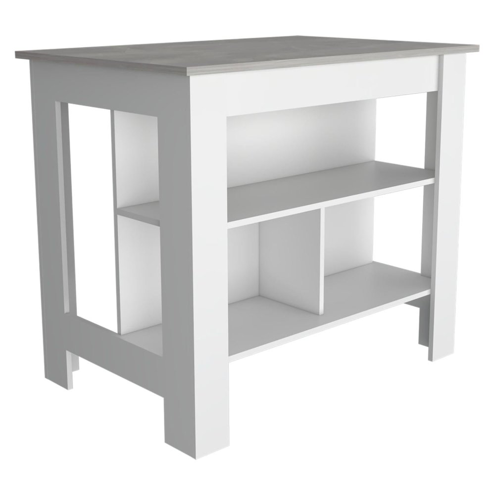 Cala Kitchen Island, Four Legs, Three Shelves White / Ibiza Marble. Picture 2