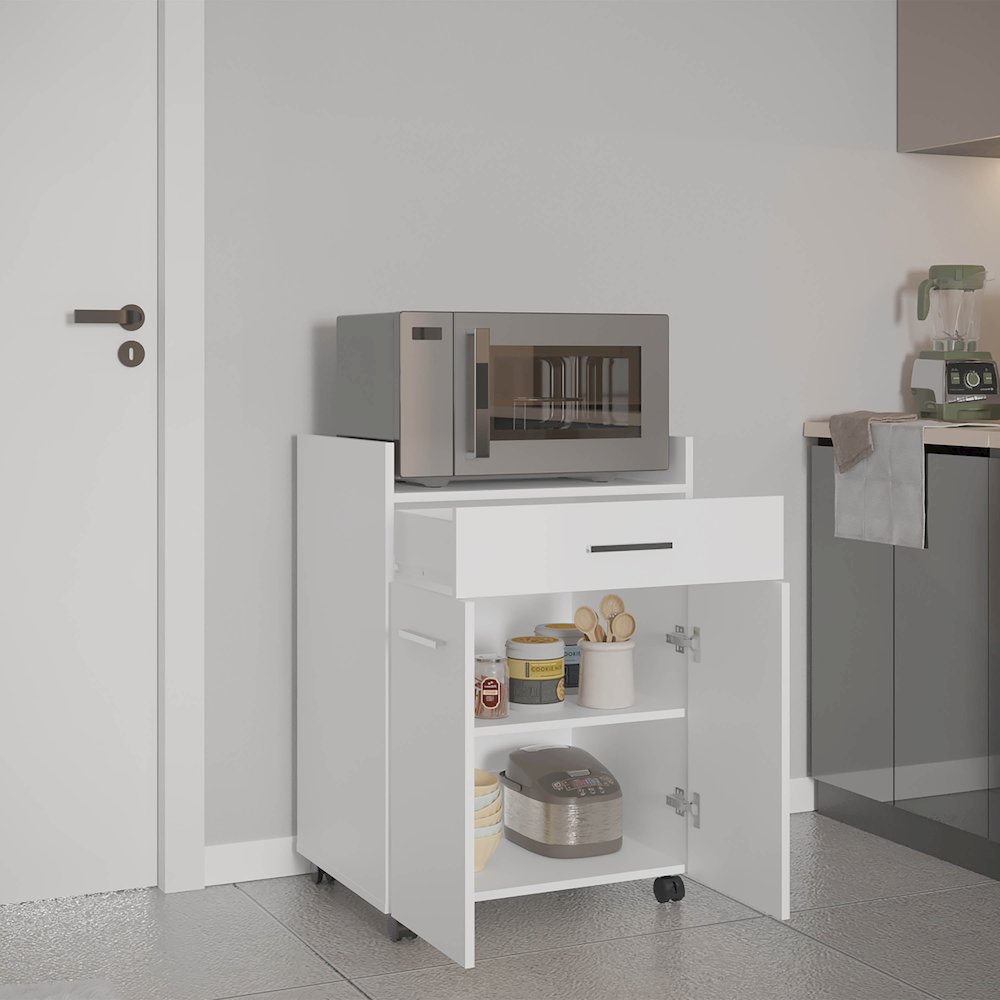Kitchen Cart With Casters, Open Shelves, Drawer And Cabinet Storage, White. Picture 5