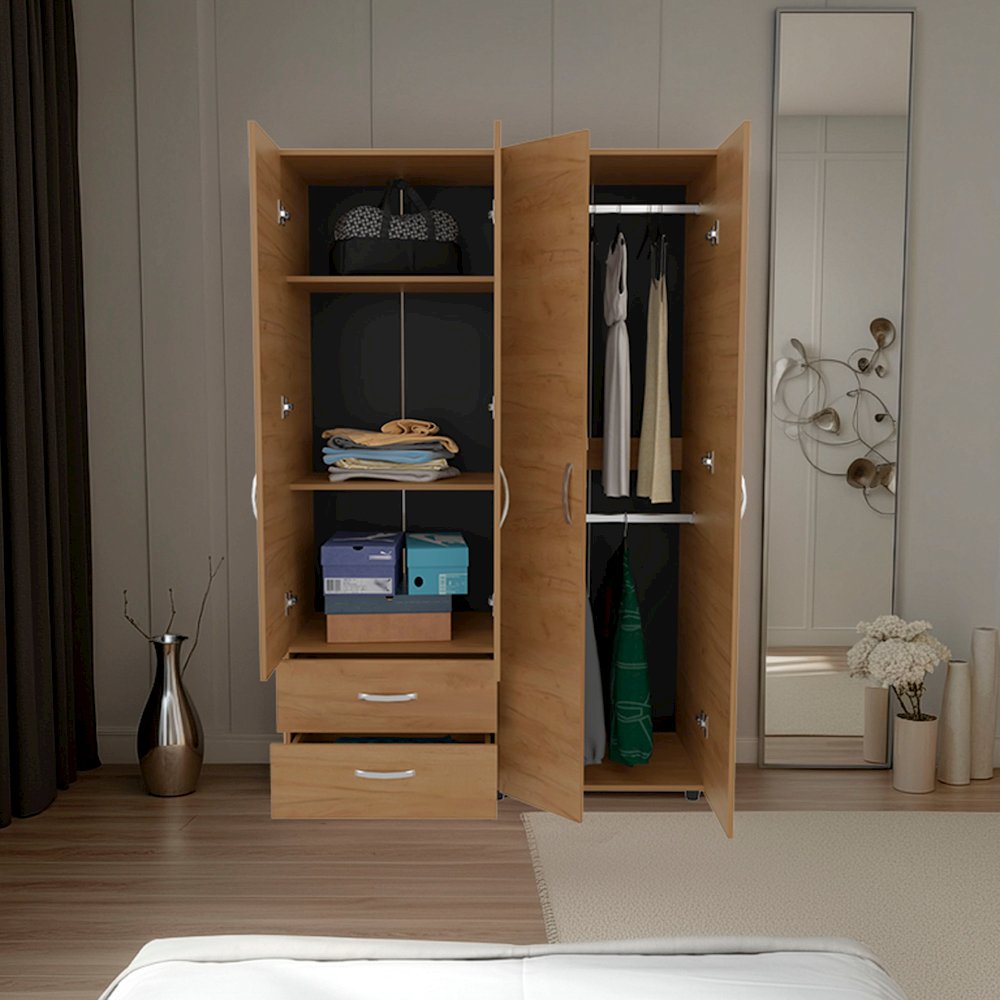 Armoire with 4 Doors, 2 Drawers, And 2 Hanging Rod, Storage Cabinet, Natural Oak. Picture 5