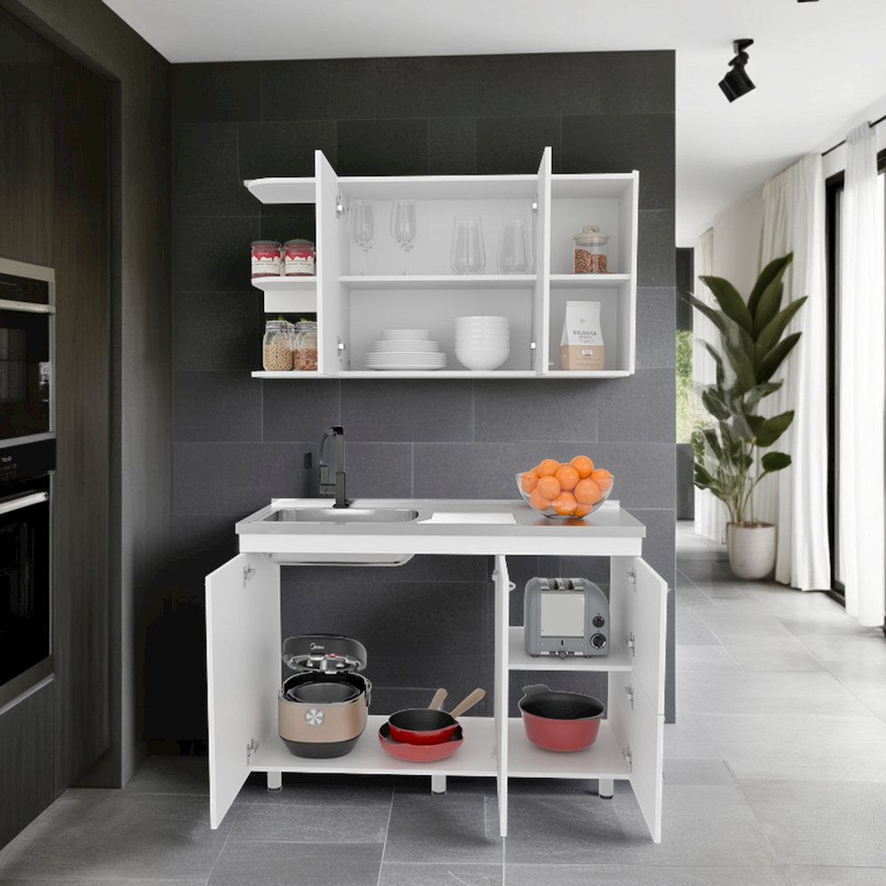 Kitchen Cabinet Set With Upper And Lower Storage, 4 Doors And Open Shelves,White. Picture 5