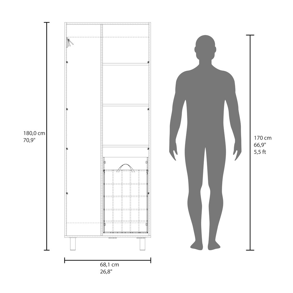71" High Two-Door Broom Closet With Hamper , Four Shelves, Hangers, White. Picture 2