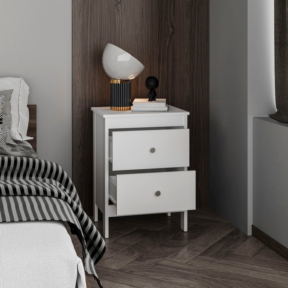 Newcastle Nightstand Two Drawer And Open Shelf, Modern Bedside Table, White. Picture 5