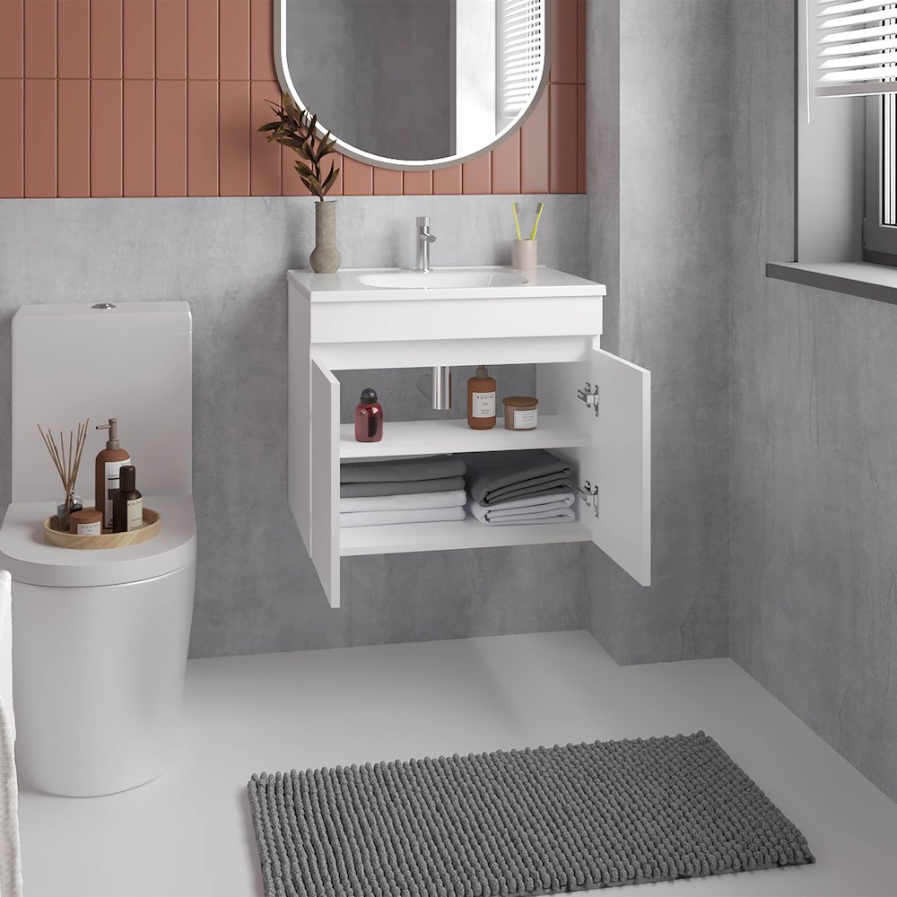 Chaux Floating, Wide Double Door Vanity, With Resin Sink And Two Shelves, White. Picture 5