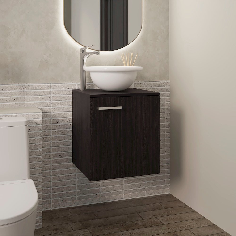 Floating,  Wide One-Door Cabinet Vanity, With Wessel Sink And One Shelf, Black. Picture 4
