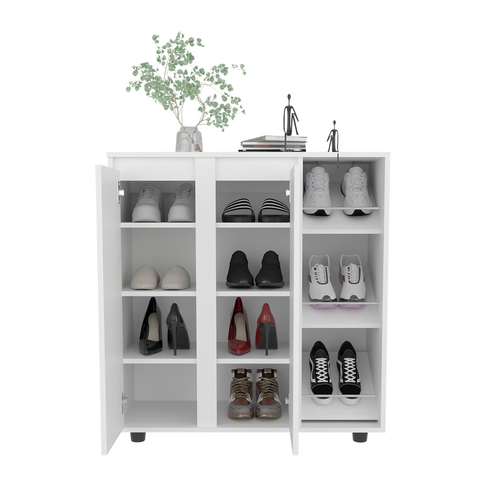 Shoe Rack with 3 Side Tiers, Compact Storage for Shoes, Boots, White. Picture 1